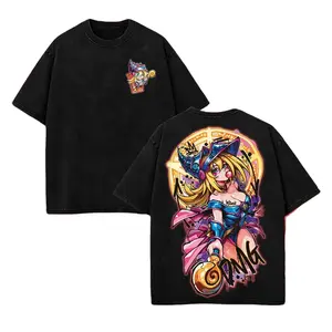 Men's Unisex Yu-Gi-Oh Printed Round Neck Short-Sleeve T-Shirt - Dark Magician Girl Vintage Anime Graphic, Acid Wash Streetwear, Graffiti DMG Bubblegum Magic Circle, Heavyweight Cotton Harajuku Apparel