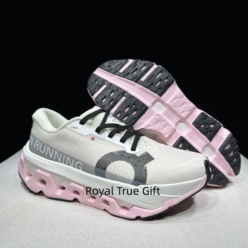 Off white pink two tone thick cushion running sneakers breathable knit mesh upper deep tread rubber anti slip outsole lightweight outdoor hiking walking sport shoes for men women daily casual wear