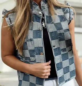 Women's Checkered Denim Vest with Ruffled Trim, Casual Top, Polyester-Cotton Fabric