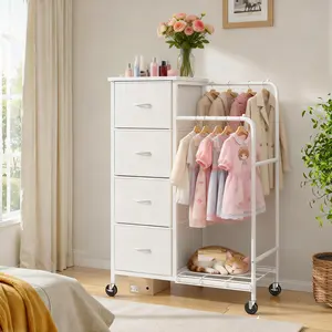 【3-in-1 Design】Raybee 47.3"W 4 Drawer Dresser with Hanging Rack & Wheels, Multi-Functional Rolling Clothes Rack with Double Clothes Rod, Tall Space-Saving Closet Organizer & Storage Tower for Bedroom, Entryway, Hallway, Apartment & Small Spaces