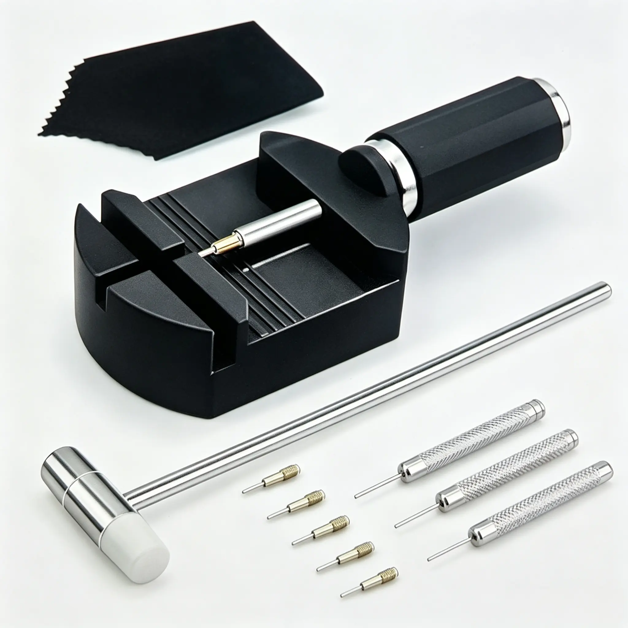 Heavy Duty Watch Link Adjustment Tool Set, Complete Watch Repair Kit Including Punch Pins Dual Face Hammer and Cleaning Cloth pin remover