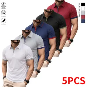 Set of 5 pieces: summer men’s minimalist polo shirts, suitable for casual outdoor activities, commuting to work, vacations/travel, etc.; comfortable, breathable material; stylish men’s formal wear; summer men’s tops; menswear.