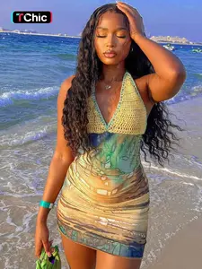 Women's Crochet Patchwork Backless Halter Neck Bodycon Halter Strap Dress, Casual Sleeveless Tie Back Hollow Out Dress for Summer, Fashion Women's Dress for Beach Holiday