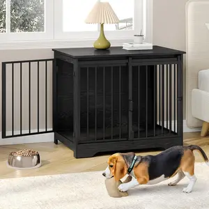 31.9"  Crate Furniture with Barn Door, Heavy Duty  Kennel Indoor with 2 Doors, Wooden Pet Cage End Table for Small Medium Dogs up to 44 lb, Anti- Anti-Escape, Black DFC83604B