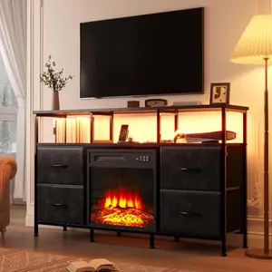 PUKAMI Fireplace TV Stand with 4 Fabric Drawers, TV Stand Dresser with Power Outlets and LED Lights, Fireplace Entertainment Center with Open Shelf for 43,50 Inch TV, for Living Room, Bedroom,