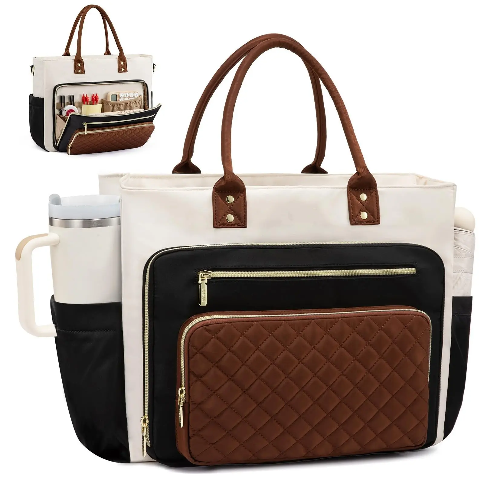 Lovevook 15.6 Inch Women's Laptop Bag, Multi-Pocket Teacher Tote, Waterproof Travel Handbag with Cup Holder, Stylish Fitness Bag
