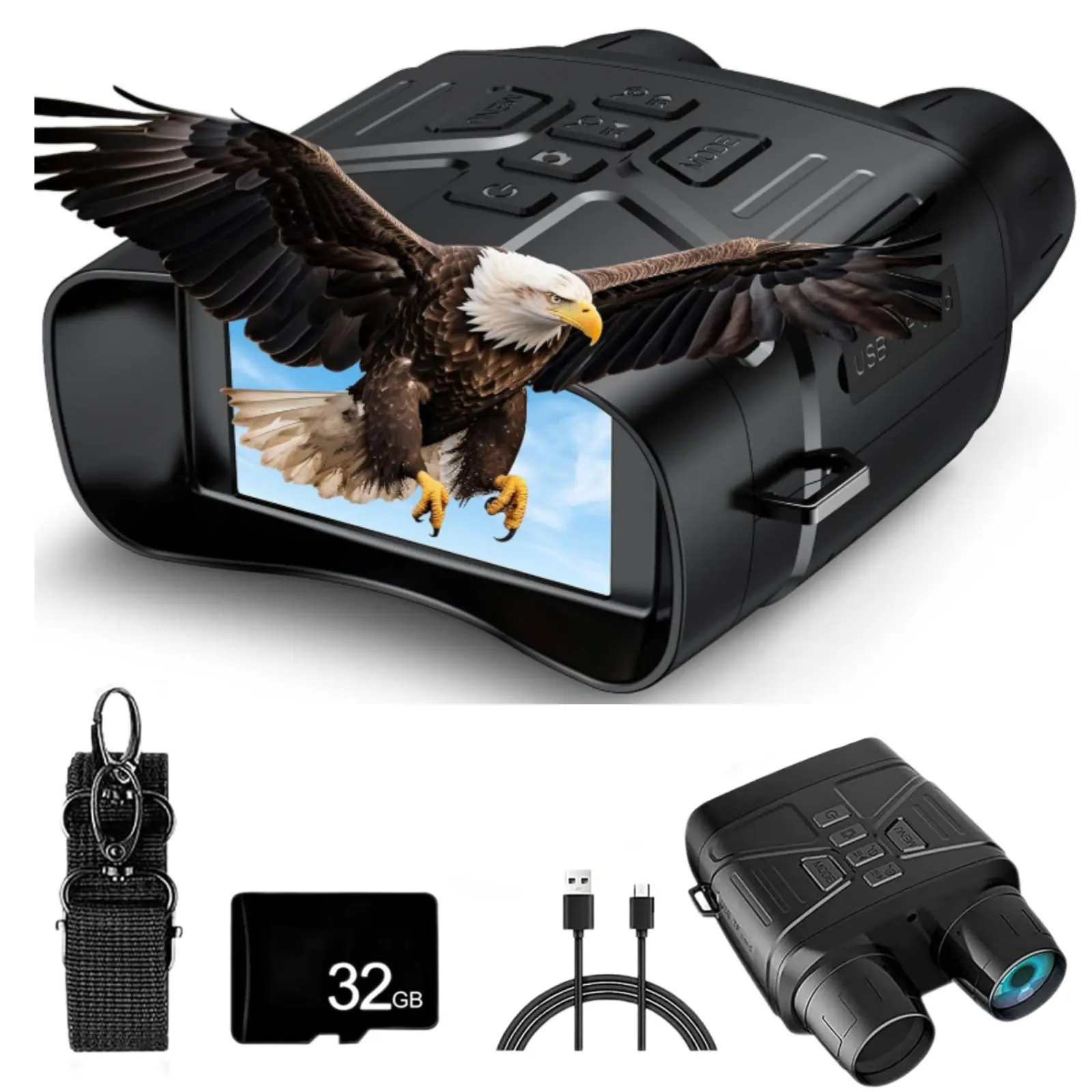 Night Vision Binoculars - 5X Rechargeable Hunt Gear with 32GB TF Card, USB Cable, Built-in Image Stabilization, 10 Hours Day Use, Wildlife Obs, Ideal for Camping, Gifts for Men