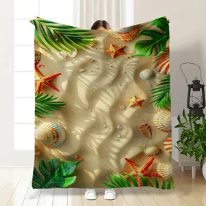 Summer Beach Shell Starfish Plant Print Blanket, Soft Warm All-Season Nap Sofa Cover, Modern Style, 1pc, Made in China