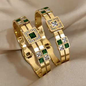 Luxury Stainless Steel Bracelet with Green Synthetic Cubic Zirconia - Fashion Cuff Bangle Jewelry