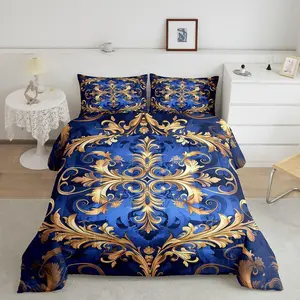 Feelyou Boho Hippie Paisley Digital Print Bedding Set - Navy Blue and Gold Breathable Multi-Size Quilted Comforter Duvet, Lightweight for Teen Bedroom Décor