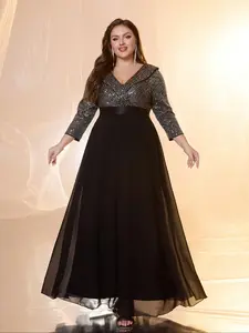 Women's V Neck Long Sleeve Sequined Chiffon Fitted Dress, Sparkle Patchwork Ball Gown, Elegant Formal Evening Party Prom Dress, Formal Wear