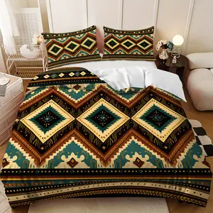 Bedding Set - 3pcs Blue, Brown and Yellow Geometric Diamond Pattern Down Comforter Set (1 comforter cover + 2 pillowcases, filling not included) A perfect gift for family and friends, soft and comfortable, suitable for family bedrooms and guest rooms.