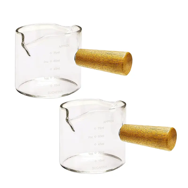 Handmade 2Pcs Wooden Handle Round Glass Measuring Cups - 75ml Double Spouts, Durable, Heat Insulation for Home Kitchen Baking & Bartending Household Appliance Accessories