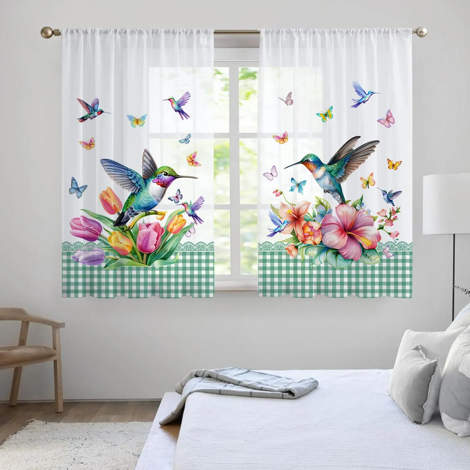 Floral & Hummingbird Pattern Curtain, 2 Counts/set Modern Simple Short Curtain, Home Decoration Curtain, Window Curtain, Window Drapes for Home Living Room Bedroom Kitchen Bathroom, Curtains Floral, Interior Decoration Accessories, Home Decorative Curtain