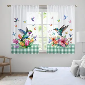 Floral & Hummingbird Pattern Curtain, 2 Counts/set Modern Simple Short Curtain, Home Decoration Curtain, Window Curtain for Home Living Room Bedroom Kitchen Bathroom