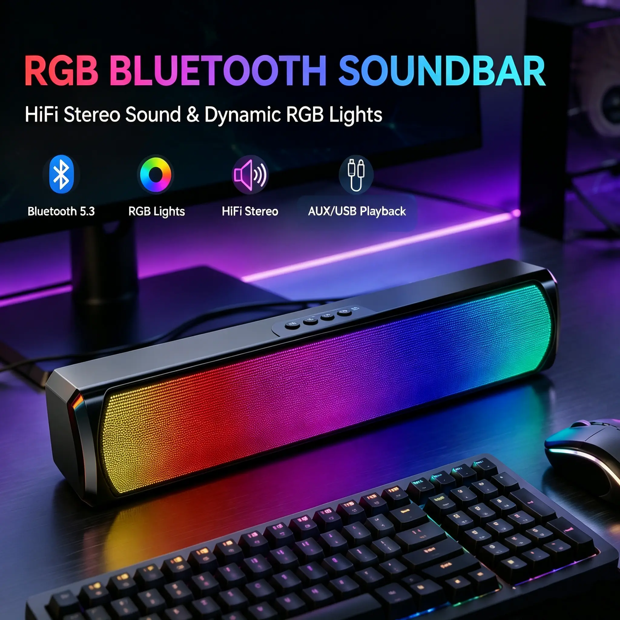 RGB Pro Desktop Soundbar, Computer Speaker with Dynamic Lighting, Audio-Light Sync, USB Powered, BT and Aux 3.5 Jack Connection