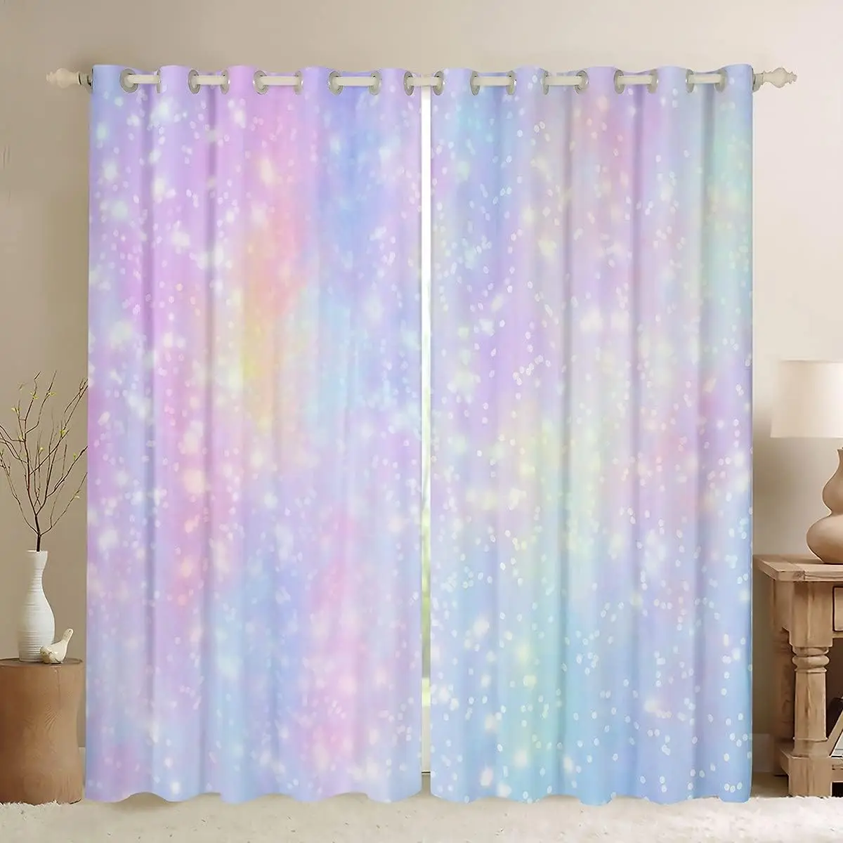 Kawaii Galaxy Pastel Sheer Home Decoration Curtain, Back-to-School Themed Privacy Grommet Curtain, Colorful Outer Space Textile for Bedroom, Living Room (Blush Pink), Privacy Grommet Curtains