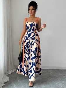 Women's Geometric Print Maxi Dress, Spaghetti Strap Square Neck A-Line Flowy Long Dress with Contrast Color Belt, Chic Elegant Casual Party Beach Sundress for Summer Vacation