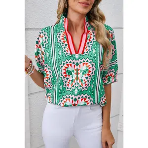 Sea Green Boho Geometric Print Pop of Color Neckline Blouse