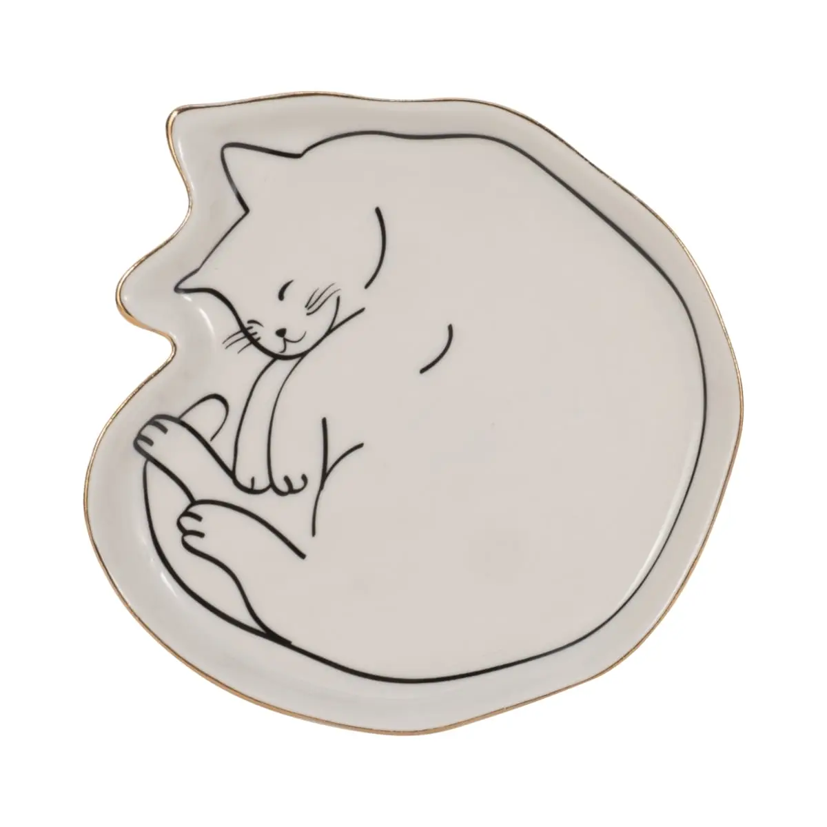 212 MAIN 6-in. Ceramic Cat Nap Trinket Tray, White & Black Gold Edged Decorated Display Tray Plate for Home Décor Kitchenware, Decorated Plates, Display Tray Plates