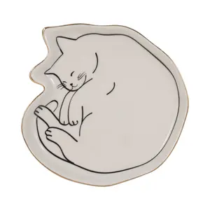 212 MAIN 6-in. Ceramic Cat Nap Trinket Tray, White & Black Gold Edged Decorated Display Tray Plate for Home Décor Kitchenware, Decorated Plates, Display Tray Plates
