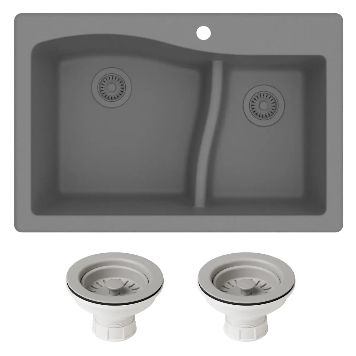 Kraus KGD-442GREY-PST1-GR Quarza 33 Dual Mount 60 & 40 Double Bowl Granite Kitchen Sink & Strainers, Grey
