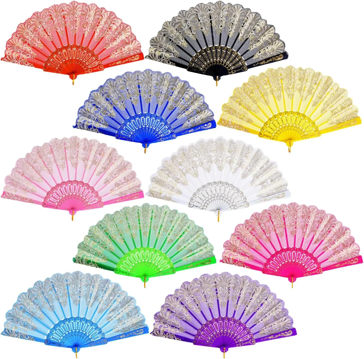 Pack of 10 Folding Handheld Fans, Silk Spanish Fan  for Weddings, Parties and Dancing Used As Decorative Pieces or Party Favors (Mix Colors)