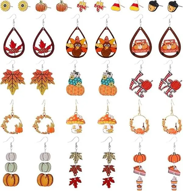 Halloween Fall Gift Women's 34PCS Fall Thanksgiving Earrings Set - Dangle & Stud Costume Jewelry Gift, Autumn Pumpkin Turkey Maple Leaf Sunflower Wooden Double-Sided Print Decor for Halloween Party, Earrings for Women