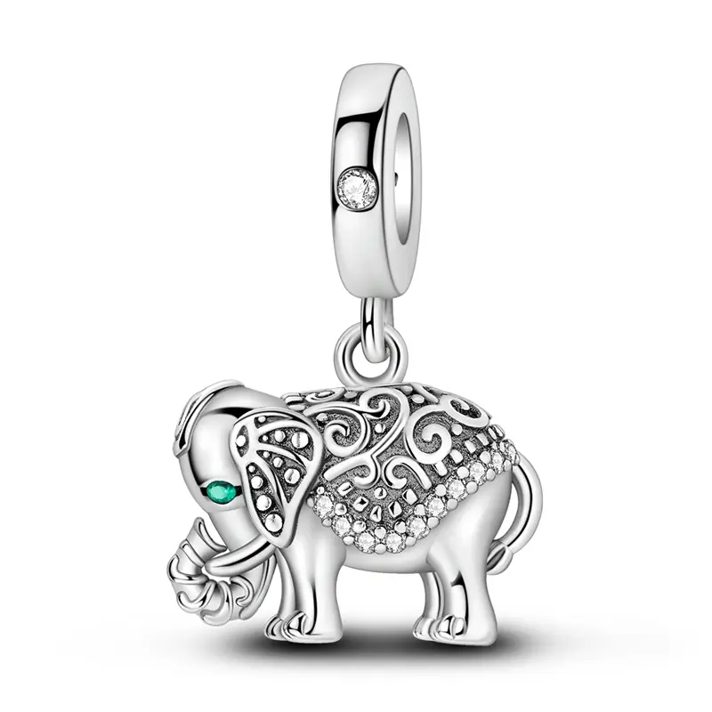 MULA Women's Vintage Silver-Plated Elephant Charm Pendant - Delicate Filigree, Cubic Zirconia Accents - Compatible with Charm Bracelets, Necklaces - Auspicious Costume Jewelry Gift for Adults, Charms