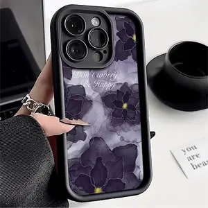 Purple Ink Wash Oil Painting Flower Pattern Phone Case for iPhone 16 15 14 Pro Max 13 12 11 XR XS Plus Shockproof Full Camera Protection Durable slim Silicone Cover