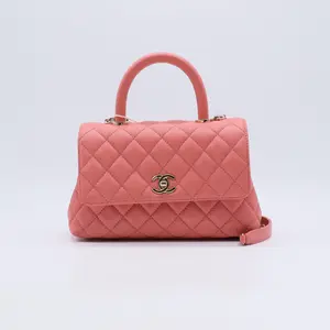 Pre-owned CHANEL Leather Top Handle Bag  Caviar Quilted Mini Coco Handle Flap Pink B21856