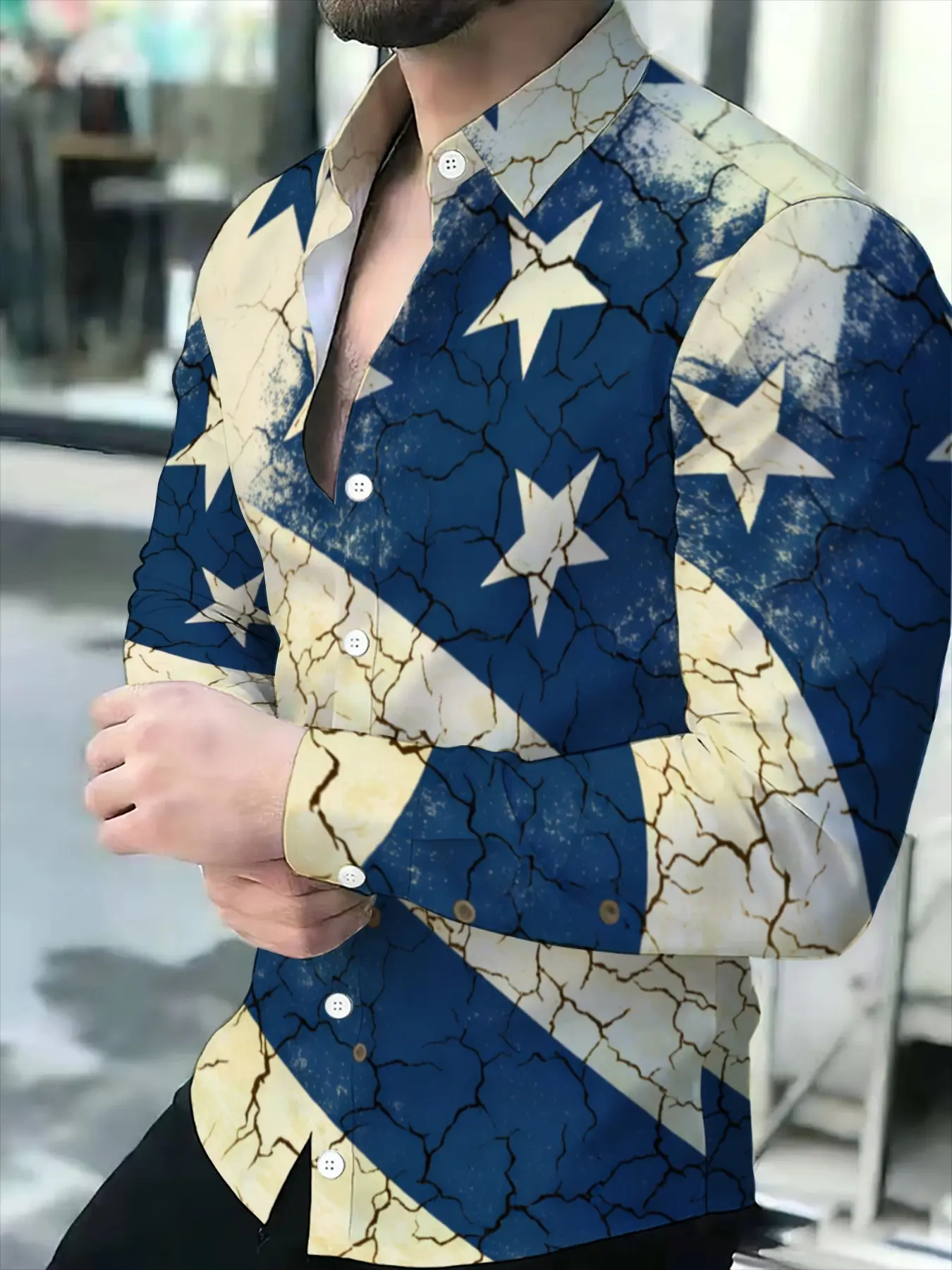 Men's Long Sleeve Shirt with Cracked Texture Star and Stripe Print Novelty Pattern