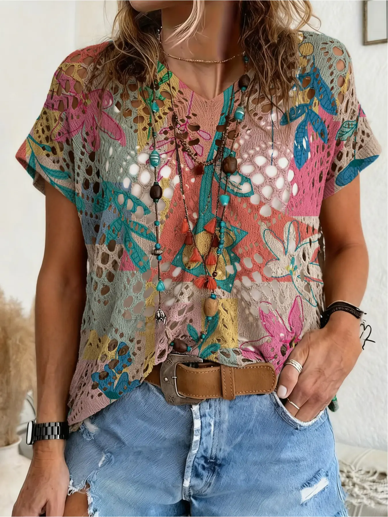 Spring/Summer style, V-neck diamond hollow loose batwing short sleeve cover-up, contrast color floral print women's knitted top, vacation style, bikini cover-up, Beach Cover Ups, Bohemian vacation beach cover-up