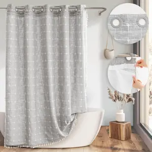 Farmhouse Shower Curtain with Snap-in Liner, No Hooks Needed. Boho Fabric Shower Curtain with Tassels for Rustic Neutral Bathroom Decor, with Magnets, Water Repellent & Machine Washable, Grey, 71x74 In