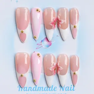 Nailssbysheccid，10PCS- Y2K press-on nails, long-pointed,Y2K style, 100% handmade. Suitable for French style, 3D effect. Perfect for family dinners, dates, weddings. It's the best gift for girls! Comes with jelly glue, crystal sticks and shaping strips