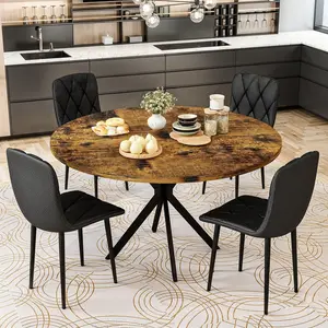 Hooseng Modern 5-Piece Round Dining Table Set for 4, Black PU Leather Chairs, Easy Assembly & Sturdy Construction, Compact Kitchen Furniture for Small Spaces