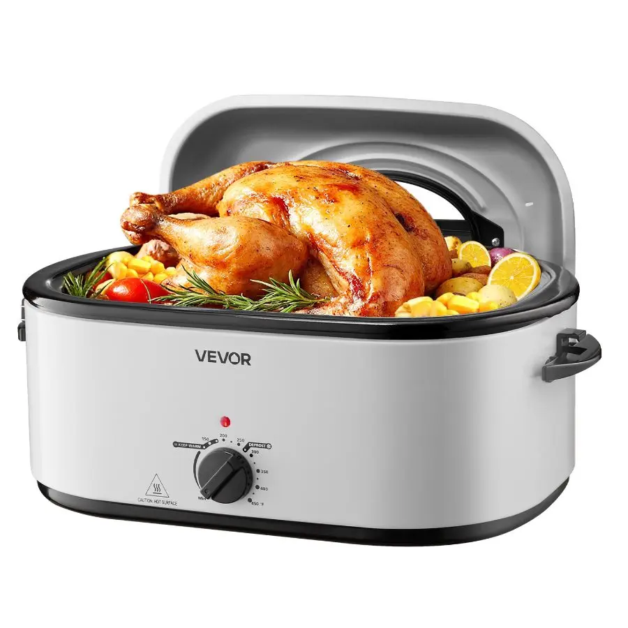 【Summerfinds】 VEVOR 26QT Electric Roaster Oven, 150 to 450 Adjustable Temp Fast-Cooking Pan with Cool-Touch Stable Side Handles, Visible Self-Basting Lid, Defrost Warm Function, Fits 30lb Turkey, 23.23x15.75x13.58 inch, 15.65 lbs