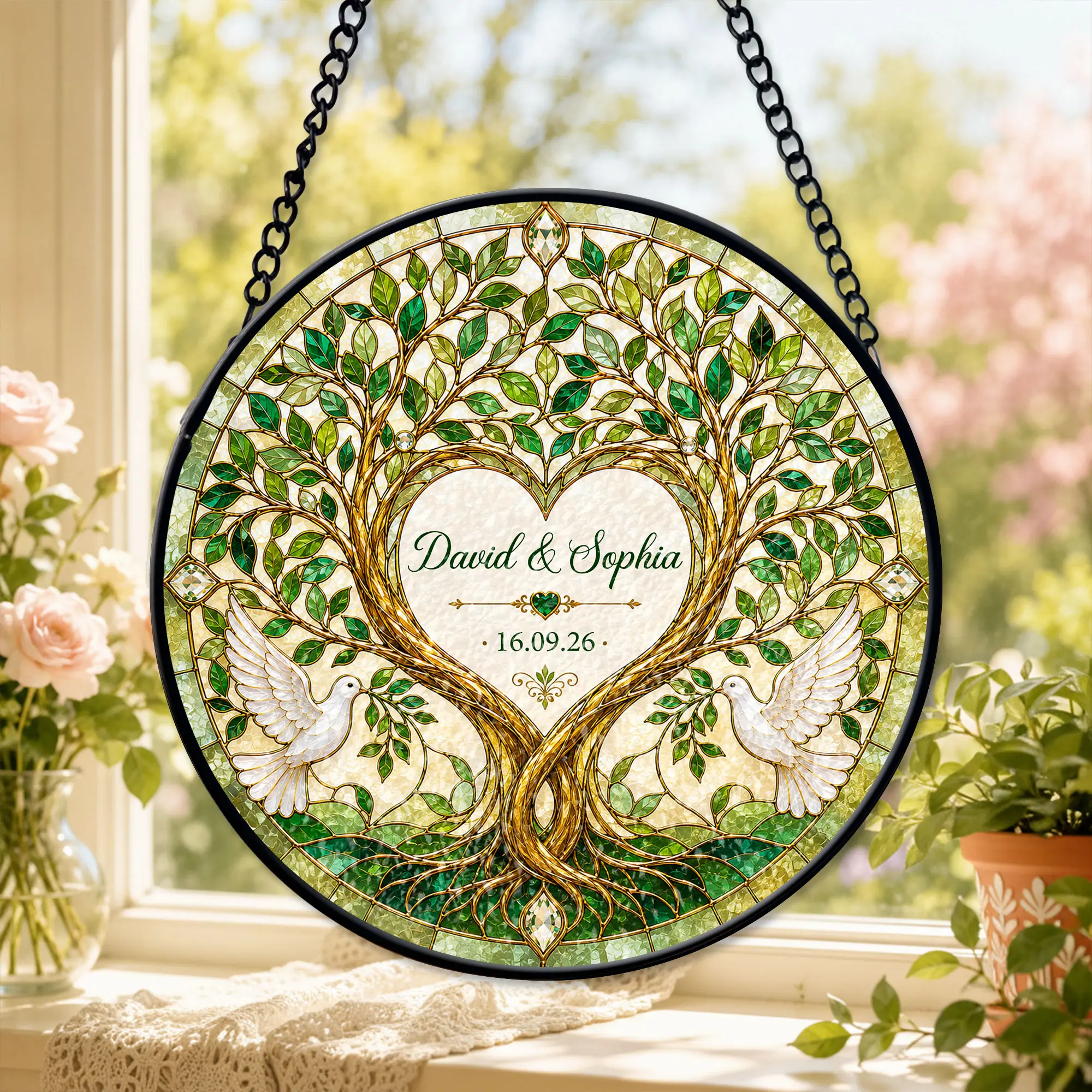 Personalized Tree of Life Stained Glass Suncatcher Window Hanging, Custom Couple Names & Wedding Date, Heart Tree Window Decor, Dove Glass Art Ornament, Anniversary Wedding Gift, Engagement Gift, Housewarming Gift, Home Decor