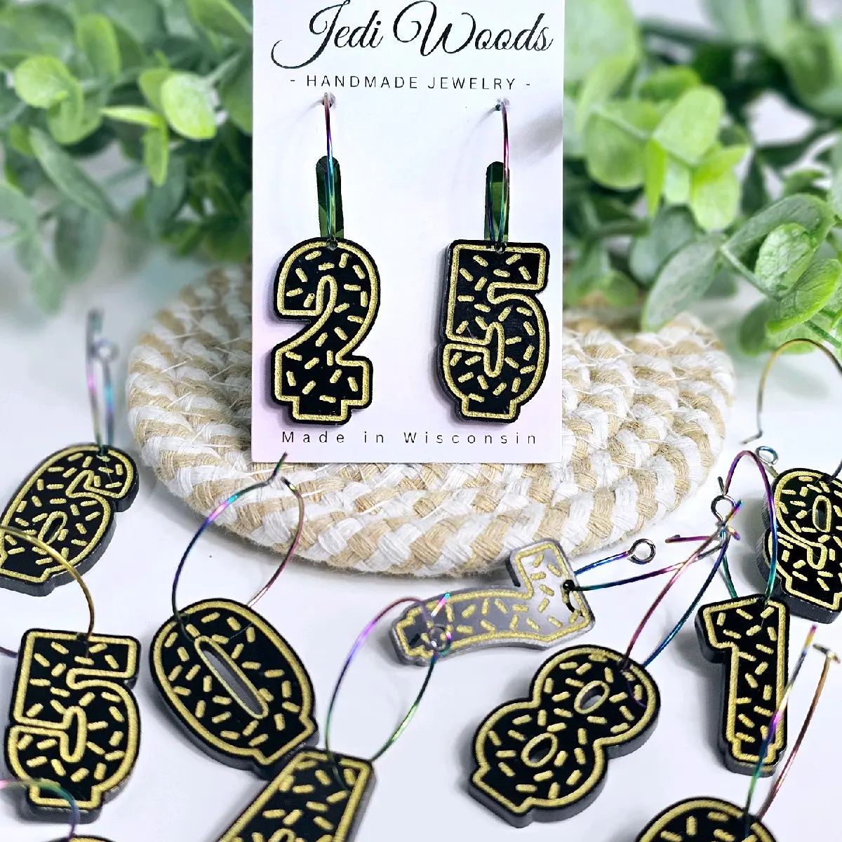 Gold and Black Customizable Birthday Cake Candle Earrings