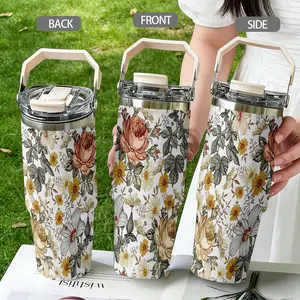30oz Stainless Steel Insulated Tumbler, Leaf Floral Print, Dual Layer Vacuum, Portable Travel Cup, Vacuum Flasks, Ideal for Camping, Office, Gifts