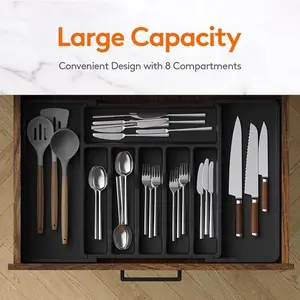 Advanced Silverware Organizer Rack, Adjustable Plastic Drawer Box, 7 Compartments, Extendable 11 to 19 Inches, Kitchen Utensil Storage