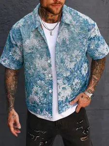 Men’s shirts - Men's Floral Jacquard Short-Sleeve Cropped Shirt – Casual Button-Front Shirt for Spring/Summer Vacations spring and summer clothes vacation clothes summer men clothes vacation outfit summer outfits male clothes male clothing Menswear Top