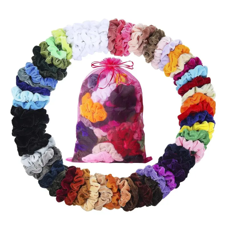 Velvet Hair Scrunchies - 60 Pack for Women, Girls, and Kids - Bulk Scrunchie Hair Ties, No Damage, Ponytail Holders for Thick, Curly, Thin, Fine Hair