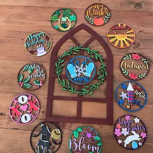 Interchangeable Farmhouse Style Arched Window Frame | Rustic Wood Sign with Seasonal Inserts Decor Wall Hanging Wooden Shelf Gift Hangable Ornaments