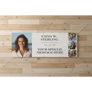 Customizable Horizontal Matte Photo Banner – 4 photo layout with center text panel – 96x36