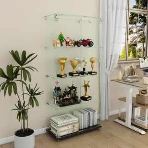 4-Tier Glass Display Cabinet with 5 Dynamic LED Modes, Double Doors & Fixed Shelves for Easy Access, Floor Standing Showcase for Home Office or Store Display