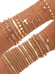 Women's Elegant Fashion Stacked Bracelet Set, Hollow Heart Design, Multiple Chain Combinations for Daily Wear, Perfect Gift Set, Stackable Bracelets