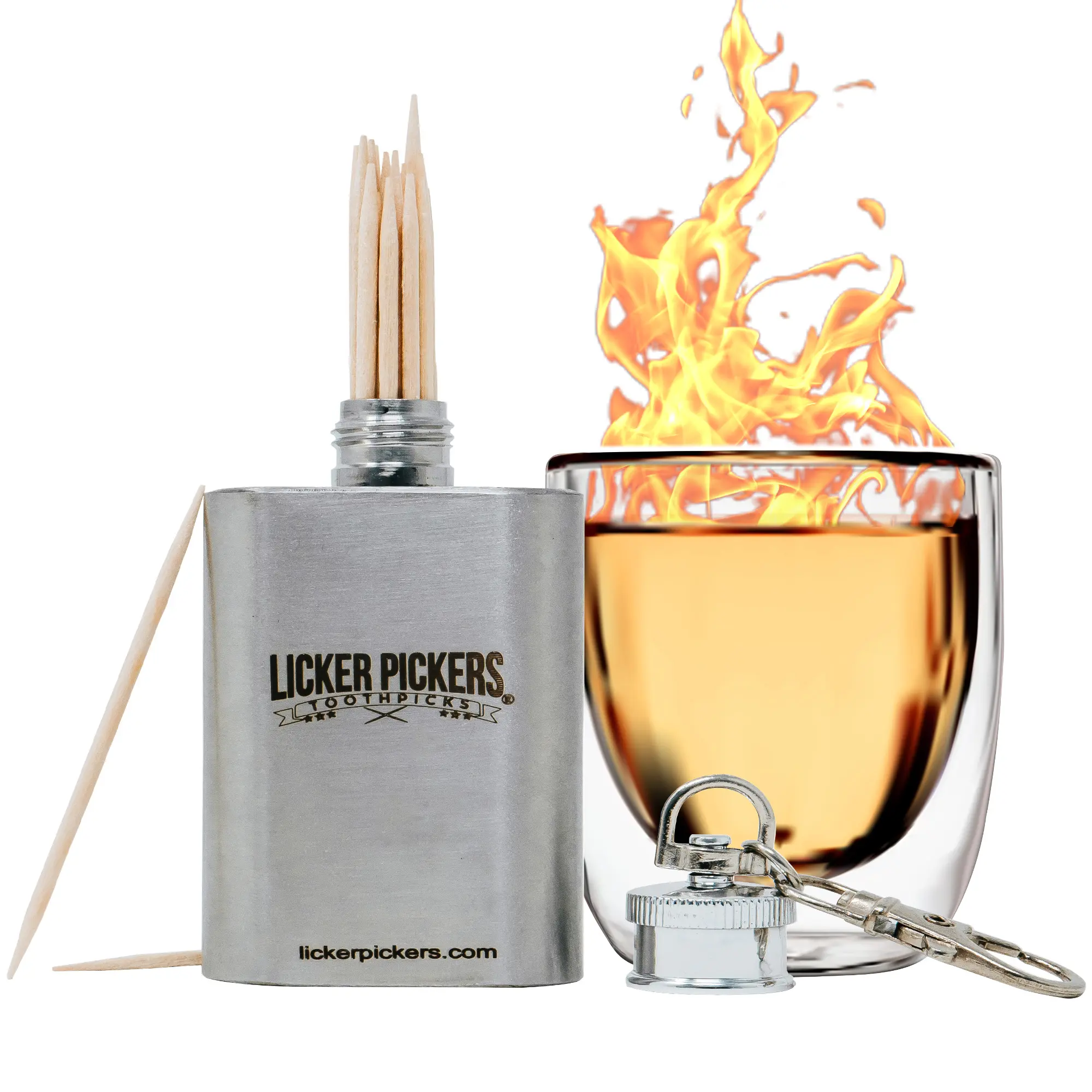 Licker Picker Toothpicks Fireball flavored All White Birchwood Toothpicks-25 Liquor-Infused Picks with Bonus 2oz stainless steel Flask