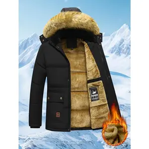 Men's Winter Cotton Jacket - Fur-Lined Hooded Cotton Coat, Soft Polyester Lining, Multiple Pockets, Suitable for Cold Weather - Machine Washable, Men's Winter Mid-Length Warm Outerwear.GiftGift