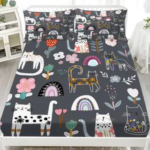 Cat and Flower Pattern Bedding Set, Includes 1 Fitted Sheet and 2 Pillowcases, Polyester Material, Digital Print, All Seasons Use